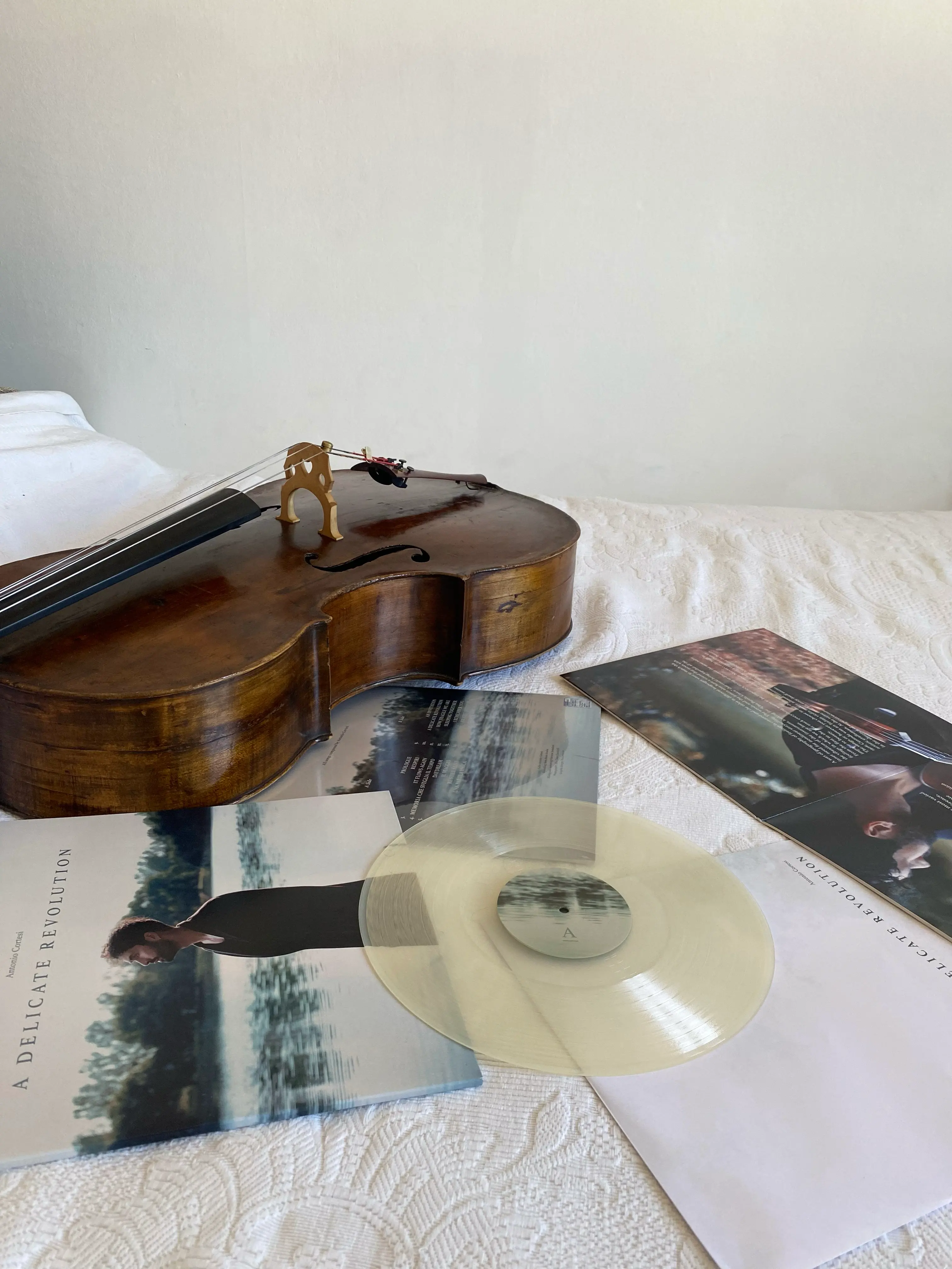 Image of a vinyl (A Delicate Revolution) and a cello.